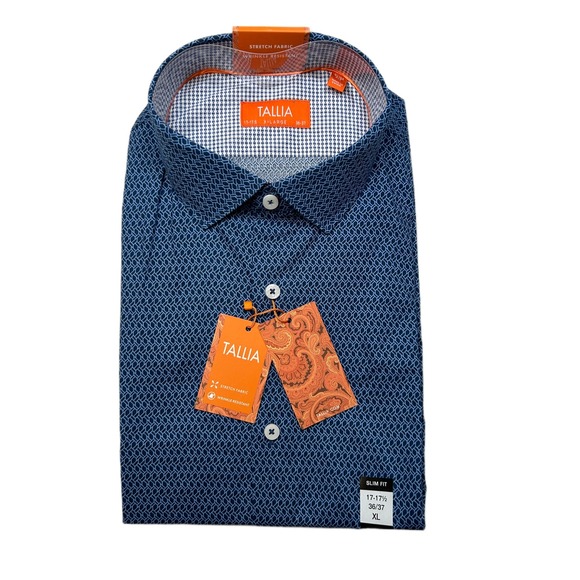 Tallia Slim Fit Dress Shirt Mens XL‎ 17-17.5 36/37 Blue Geometric Stretch NEW - Picture 1 of 8